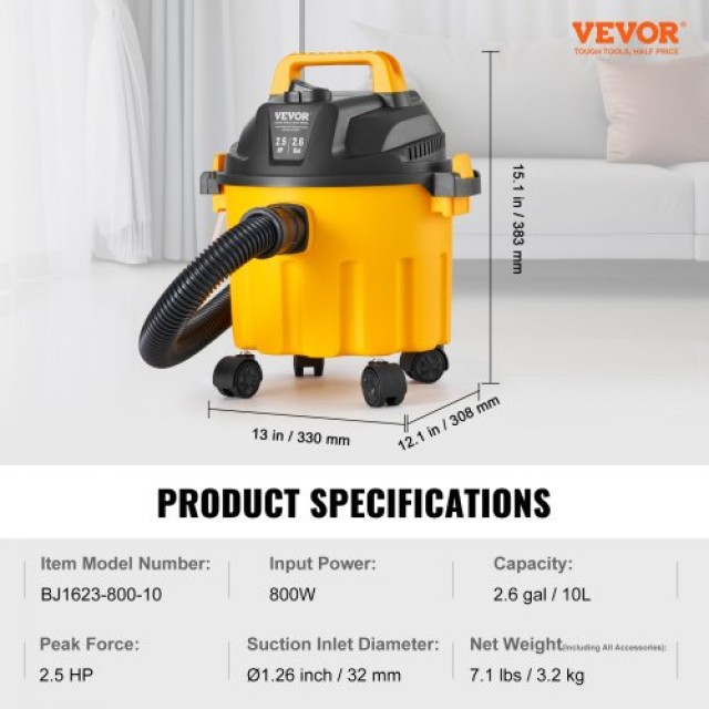 VEVOR Υγρού/Ξηρού Σκούπα 10L 2 HP με Ακροφύσια Κίτρινη  SYGSZKXCQ10LIYALNV2
