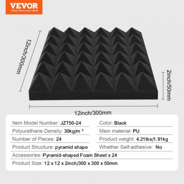 VEVOR  Σετ 24 Ακουστικών Αφρών 30x30x5 εκ για Στούντιο Τοίχο και Οροφή FZZSPMBHSL12YD9F3V0