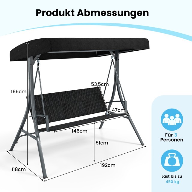 Costway 3-Θέσια Κούνια Κήπου 118 x 192 x 165 cm με Σκίαστρο & Πλάτη...