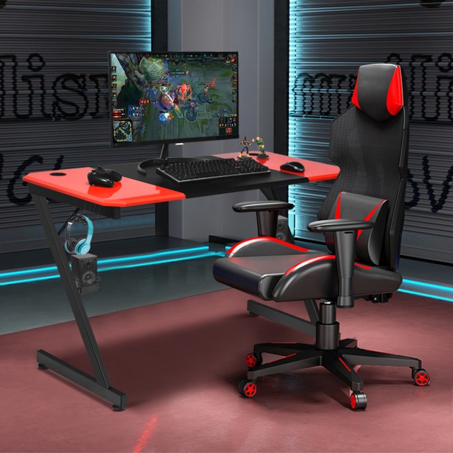 Gaming Γραφείο με Μεταλλική Κατασκευή και Επιφάνεια από Ανθρακονήματα 120 x 60 x 76 cm Κόκκινο και Μαύρο  HW66286 Costway