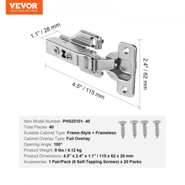 VEVOR  40 Πακέτα Μεντεσέδες Ντουλαπιών Πλήρους Κάλυψης με Απαλό Κλε...