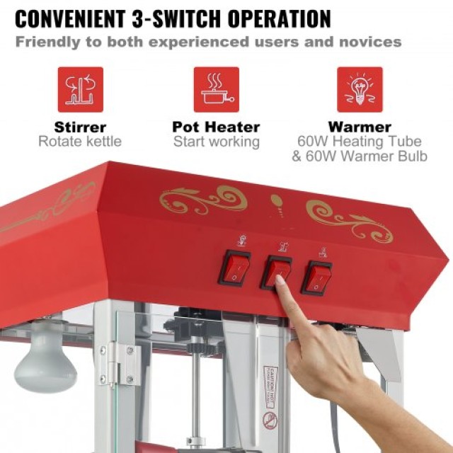 VEVOR  Μηχανή Ποπκόρν με Καρότσι 850W 8 Oz 48 Κούπες Κόκκινη CSBMHJ8OZ850W171EV2