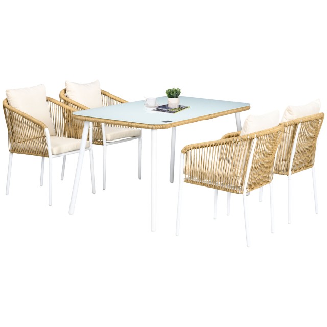 Σετ κήπου Outsunny από PE Rattan και αλουμίνιο με γυάλινο τραπέζι και 4 στοιβαζόμενες καρέκλες, κίτρινο 861-076V00YL