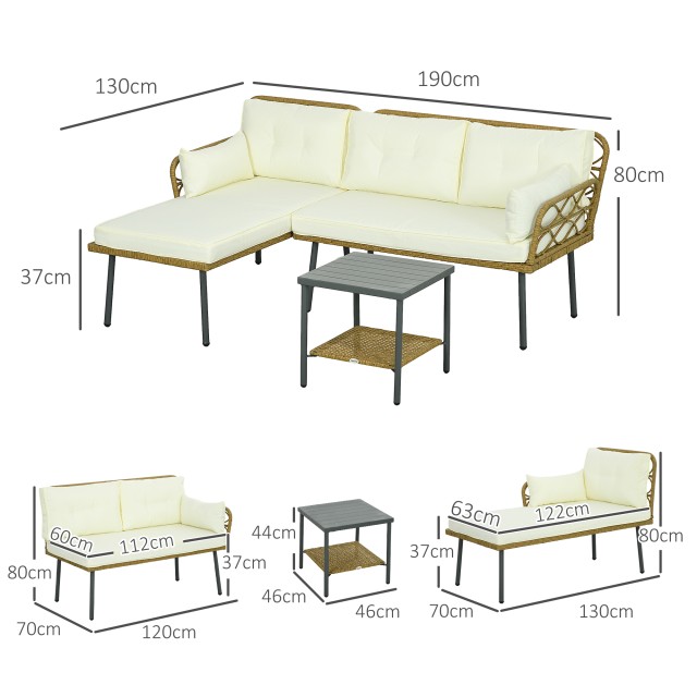 PE Rattan Garden Lounge με σεζλόνγκ, 2θέσιο καναπέ και τραπεζάκι σαλονιού, κρέμα 84G-359V00CW