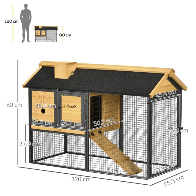 PawHut 2 Tier Spruce and Steel Hutch για κουνέλι εξωτερικού χώρου με αφαιρούμενο δίσκο, σπιτάκι κουνελιού και περιοχή τρεξίματος, 120x55,5x80 cm, κίτρινο και μαύρο D51-354V00BK