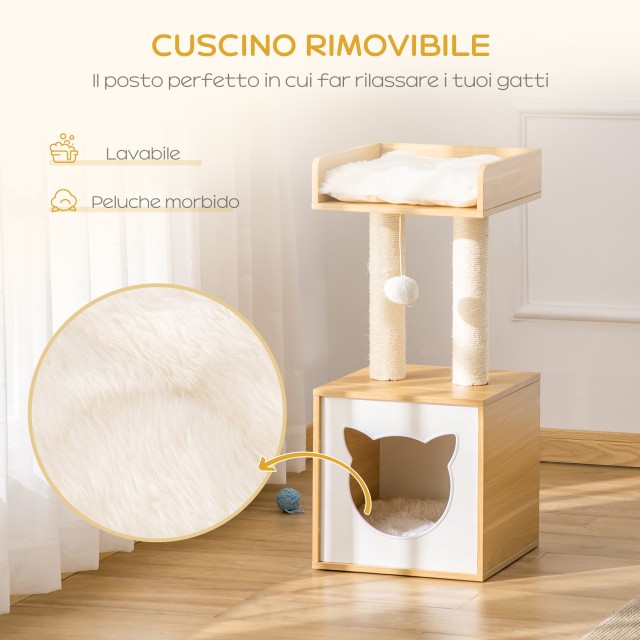 PawHut Cat House με γρατσουνιές σιζάλ, μαξιλάρια και μπάλα που πλένονται, 35x35x81cm, δρυς D30-435