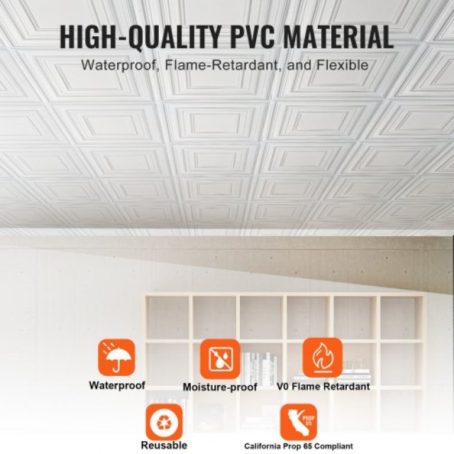 VEVOR Πλακάκια Οροφής 12τμχ 24x24in PVC Εύκολη Εγκατάσταση Λευκός Σ...