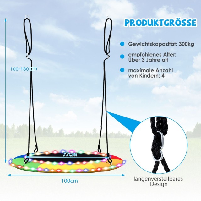 Costway Κούνια με διάμετρο 100 cm, αντοχή έως 300 kg, LED κούνια για παιδιά και ενήλικες, χρώμα ουράνιου τόξου. NP12018CL
