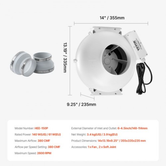 VEVOR  Αθόρυβος Ανεμιστήρας Ραδονίου 380CFM 4-4.5 Αδιάβροχος  DFSDJ6INCH3813O5AV2