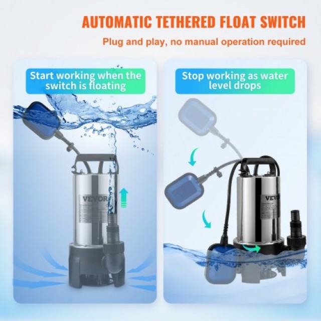 VEVOR Υποβρύχια Αντλία Νερού, 1100W, 20000L/H, με 10μ Καλώδιο και Αυτόματο Φλοτέρ, Ανοξείδωτη για Καθαρό/Βρώμικο Νερό  WSBBX15HP220VF22VV2