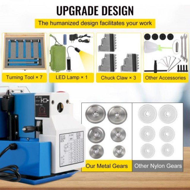VEVOR Μίνι Τόρνος Μετάλλου 7x14, 550W, 2250RPM, με 3-σιαγόνα Τσοκ, ...