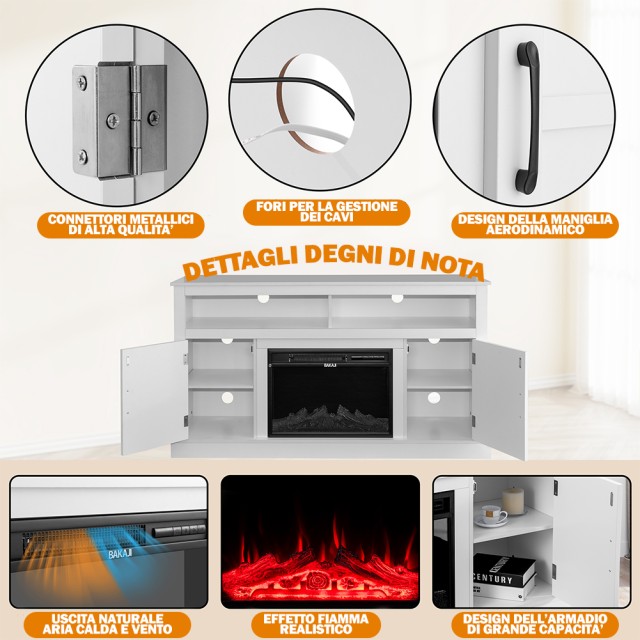 BAKAJI Λευκό Έπιπλο TV με Ενσωματωμένο Τζάκι με 3D Εφέ Φλόγας 148 x...