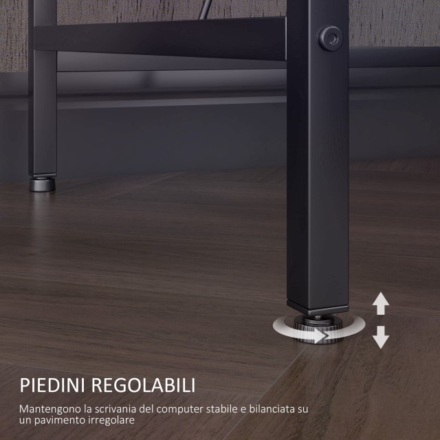 HOMCOM Γωνιακό Γραφείο Αναστρέψιμο με LED Πρίζες Ρεύματος και Πρίζες USB Ράφια και Βάση Οθόνης Μαύρο 920-083V90BK