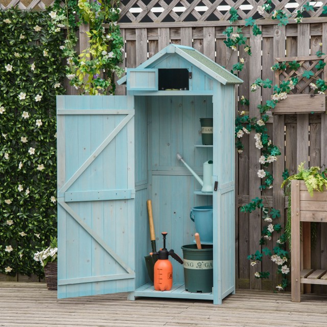 Outsunny Garden Shed Ξύλινη αποθήκευση εργαλείων με 3 ράφια, 77x54,2x179cm, Μπλε 845-209V01BU