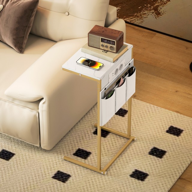 HOMCOM Τραπεζάκι Σαλονιού C Μάρμαρο με Ρεύμα & USB, Λευκό, 50x30x60...