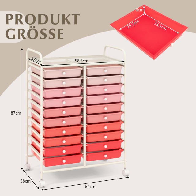 Costway Ροζ Τροχήλατος Οργανωτής με 20 Στοιβαζόμενα Συρτάρια και Με...