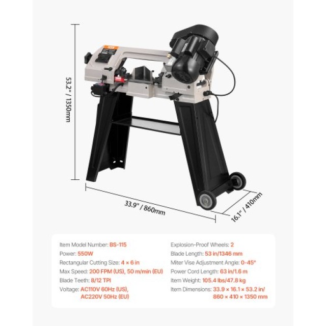 VEVOR Μεταλλική Οριζόντια Ταινιοπρίονα 4x6 550W Μεταβλητή Ταχύτητα 220V BXSSJSSPDJBKHTKDKV2