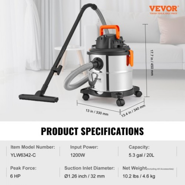 VEVOR Υγρού/Ξηρού Σκούπα 20L 6 HP Ανοξείδωτο Ατσάλι Ασημί  SYGSZKXCQ20LW45KAV2