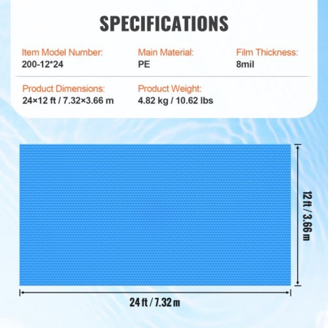 VEVOR  Ηλιακή Κάλυψη Πισίνας 24x12 ft, Ορθογώνια Κουβέρτα 8 mil, Μπλε TYNJRYCMJX24RXN7QV0
