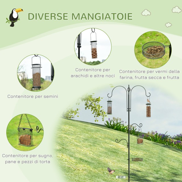 PawHut Bird Feeder με 4 γάντζους με δίσκους και 3 διαφορετικούς τροφοδότες σε ατσάλι 54,5x54,5x208cm Μαύρο D11-007