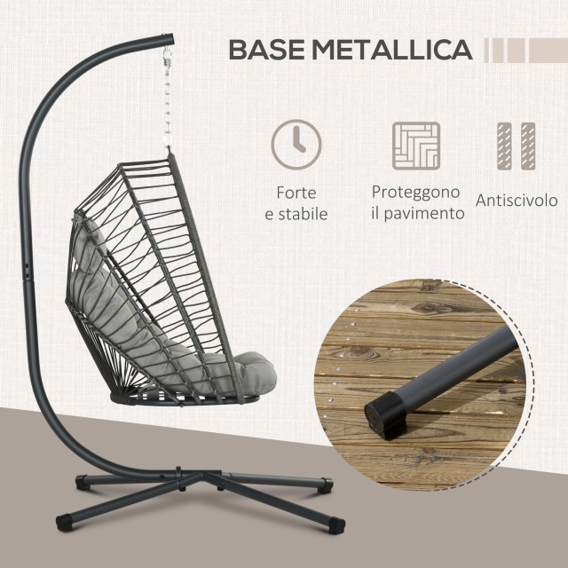 Κρεμαστή πολυθρόνα σε PE Rattan με μαξιλάρι, αναδιπλούμενο κάθισμα και ατσάλινη κατασκευή, γκρι 867-157V00CG