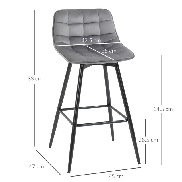 HOMCOM Σετ 2 σκαμπό μπαρ Καρέκλες με ταπετσαρία Nordic Style Γκρι βελούδο 835-271GY