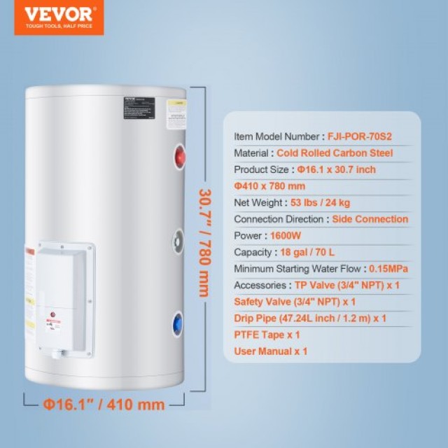 VEVOR Ηλεκτρικός Θερμοσίφωνας 18 Γαλόνια 1.6Kw LED για Ντους CSSRSQ70LXNL6OAABV2