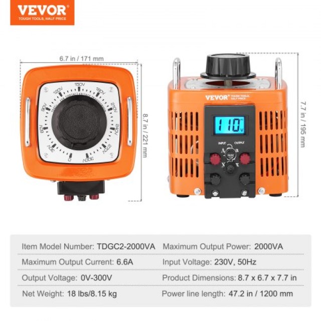 VEVOR 2000VA Μετασχηματιστής Τάσης 6.6A 0-300V Ρυθμιστής LCD CE  KBBYQYJPS200R2I6BV7