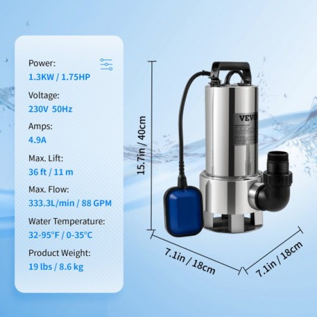 Αντλία Νερού VEVOR 1300W, 20000L/H, με 10μ Καλώδιο και Αυτόματο Φλο...