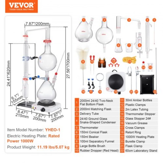 Σετ Απόσταξης Αιθέριων Ελαίων VEVOR 2000ml με Θερμαντική Πλάκα 1000W, 28 τεμ.  JYTQBLZZJPDJMWNR6V2