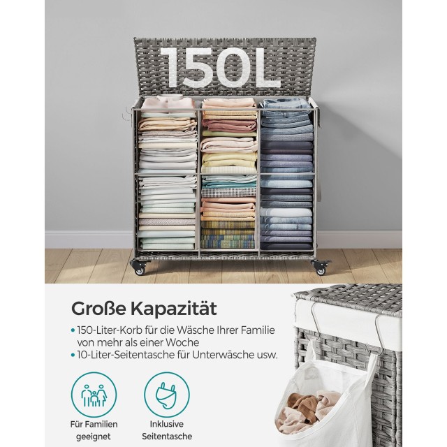 Καλάθι Απλύτων SONGMICS με Καπάκι, 160 L, 3 Θήκες, με Ρόδες, Γκρι 