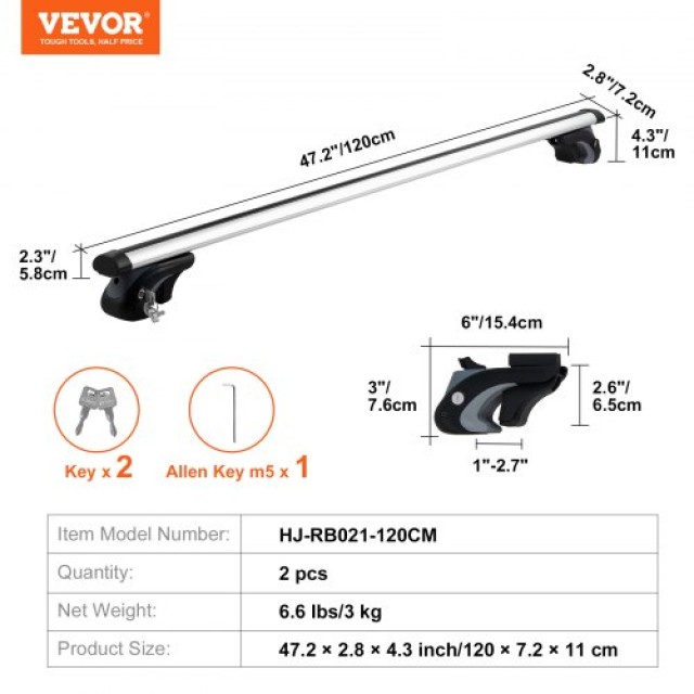 VEVOR Οικουμενική Μπάρα Οροφής 120cm για Οχήματα με Ανυψωμένες Ράγες  HGJTYKGCCDKG8DVH7V0