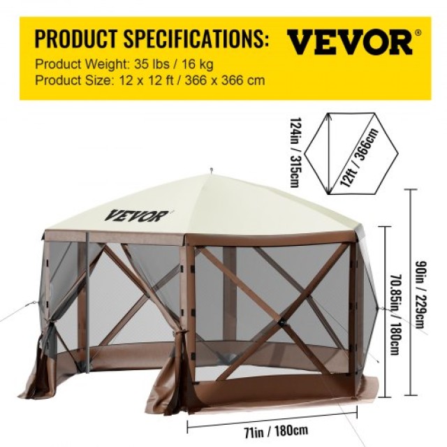 VEVOR Αναδυόμενο Κιόσκι Κάμπινγκ 6 Πλευρών 12 x 12 Αντηλιακή Σκίαση...