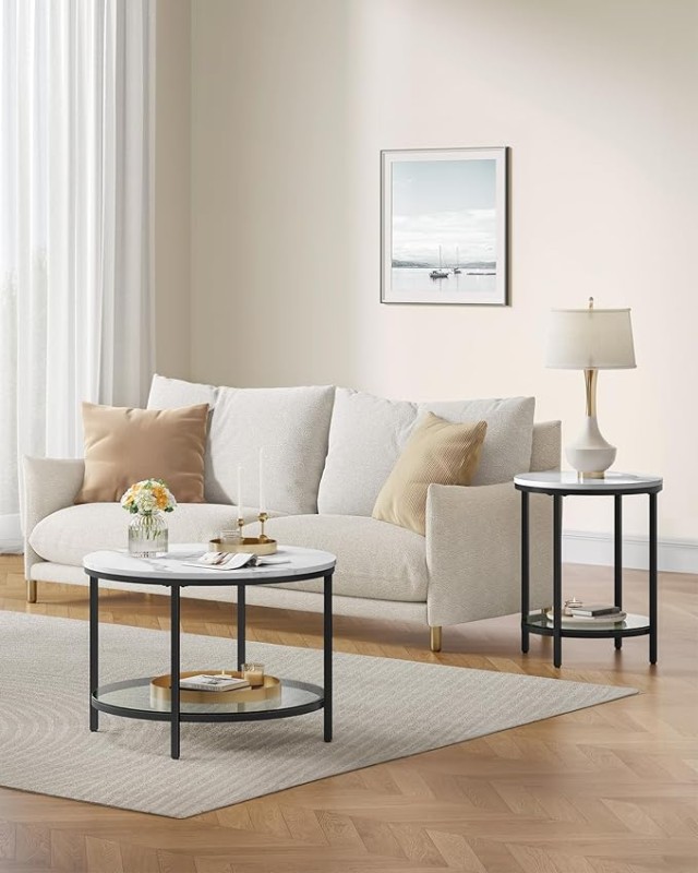VASAGLE Μοντέρνο Τραπεζάκι Καφέ 65x65x46cm με Μαρμάρινη Όψη και Γυάλινο Ράφι LCT072W13