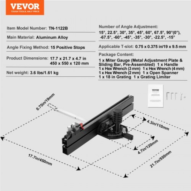 VEVOR  Ακριβείας Γωνιόμετρο Αλουμινίου για Ξυλουργική με 15 Ρυθμιζόμενες Γωνίες TJXQGDKS6060PEAL5V0