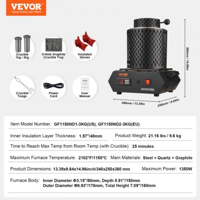 VEVOR Ηλεκτρικός Κλίβανος Τήξης Χρυσού 1350W με Γραφίτες 1kg & 3kg  CGXDRJL3KG1KGTETHV2