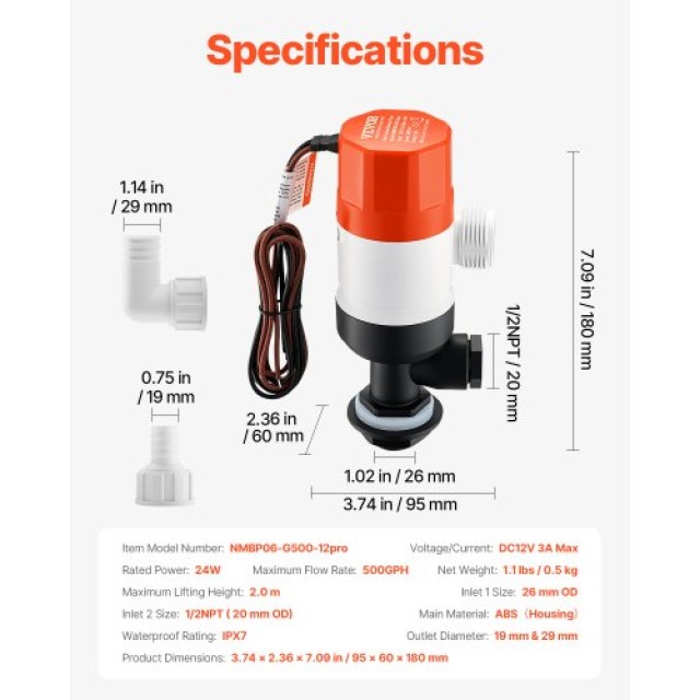 VEVOR Αντλία Ζωντανού Δολώματος Σκάφους 12V 500 GPH με 2 Εισόδους CYHSB500GPHZPKUIQV9