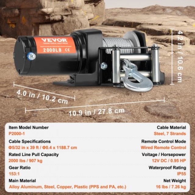 Ηλεκτρικό Βίντσι VEVOR 2000 lb Ατσάλινο Καλώδιο IP55 Αδιάβροχο με Ε...