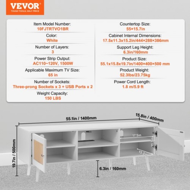 VEVOR Ρατάν Έπιπλο TV για 65 Boho με Ενσωματωμένη Πρίζα Λευκό  TBDSJ55YCBSL3PJVTV2