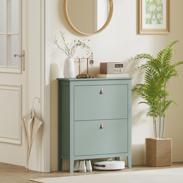 HOMCOM Σκαπιέρα Slim 2 Συρτάρια για 14 Ζευγάρια Παπουτσιών Μέγεθος EU44 και Ρυθμιζόμενα Ράφια, 80x24x95.5cm, Πράσινο 837-578V00GN