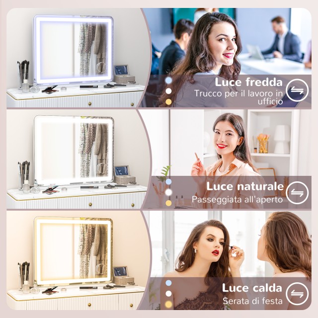 HOMCOM Καθρέφτης Μακιγιάζ με Ρυθμιζόμενα LED Μεγεθυντικός 10x Υποδοχή USB και Αφής Εντολές 80x62x14cm505-019V90WT