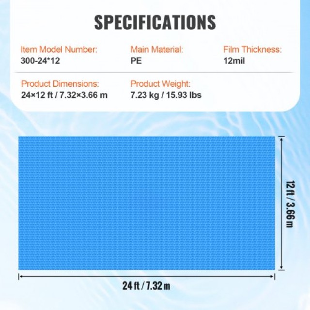 VEVOR Ηλιακό Κάλυμμα Πισίνας, 24 x 12 ft Ορθογώνιο Ηλιακό Κάλυμμα για Πισίνες, 12 mil Μπλε  TYNJRYCMJX24BEYSPV0
