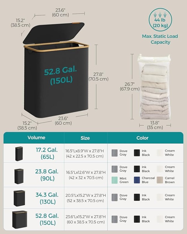 SONGMICS Ευρύχωρο Καλάθι Ρούχων 150L με 3 Διαμερίσματα και Καπάκι, ...