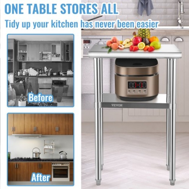 VEVOR Ανοξείδωτος Πάγκος 24x18x36, 600lbs, Ρυθμιζόμενο Ράφι & Πόδια...