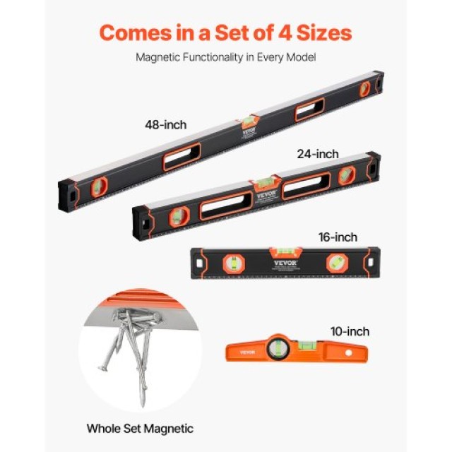 VEVOR Σετ 4 Μαγνητικών Αλφαδιών 48/24/16/10 Ίντσες με Φυσαλίδα JXSP...