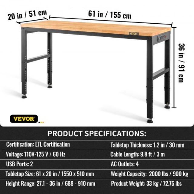 VEVOR  Ρυθμιζόμενος Πάγκος Εργασίας 61x20 με Πρίζα SMKDJGZTBDLZMOAL4V2