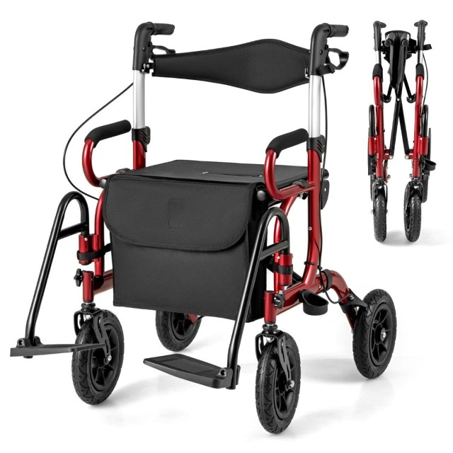 Costway Πτυσσόμενος Ελαφρύς Rollator με Φουσκωτούς Τροχούς και Κάθισμα 2 σε 1 Καροτσάκι & Ταξιδιωτικός Rollator Κόκκινο JH10028RE