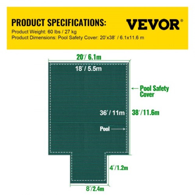 Κάλυμμα Ασφαλείας Πισίνας VEVOR για 18x36ft Ορθογώνιες Πισίνες, Πράσινο  YYCM18X36JZYTYCG1V0
