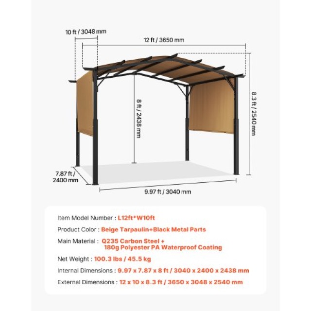 VEVOR Πέργκολα Εξωτερικού Χώρου 10x12 ft με Ανασυρόμενη Καλύπτρα GXLPL12FTW10X63LKV0