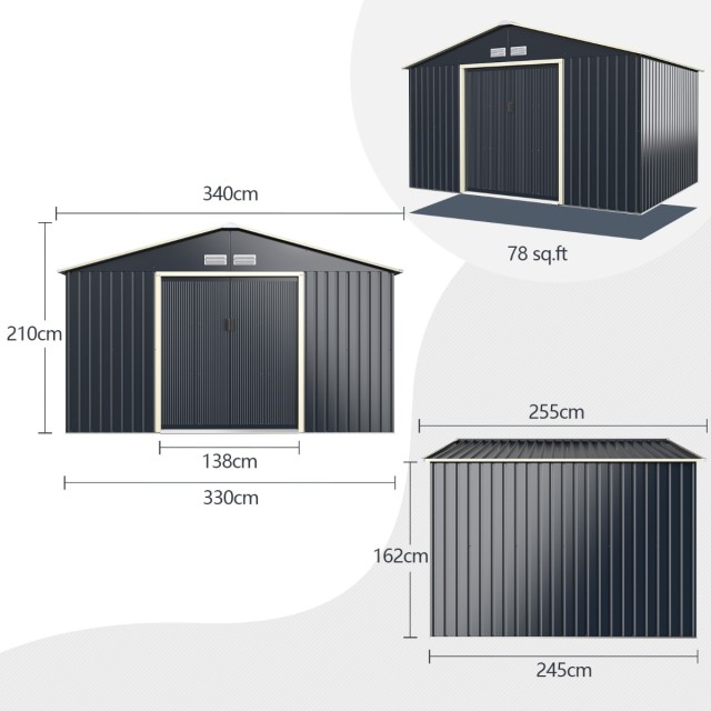 Costway  Μεταλλική Αποθήκη 340 x 255 x 210 cm Εξωτερικού Χώρου με Κ...
